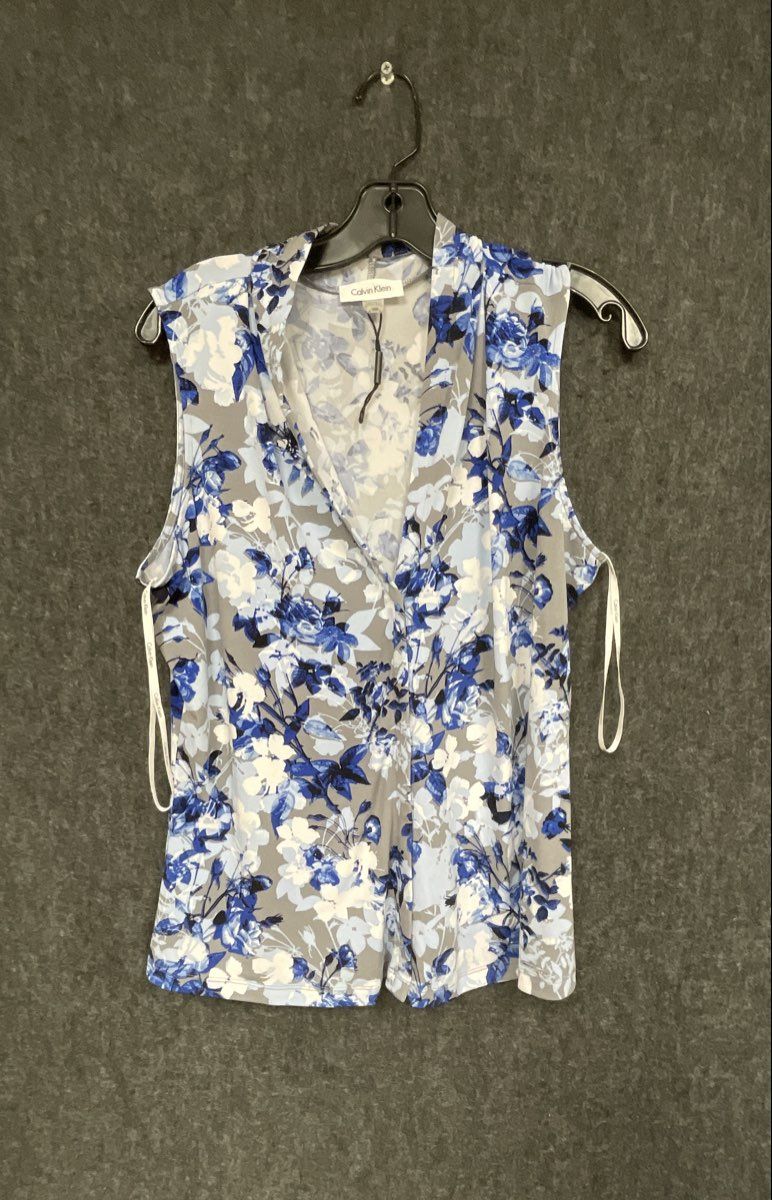 Calvin Klein Women's Blue White Gray Floral Drape Neck Sleeveless Blouse Sz L