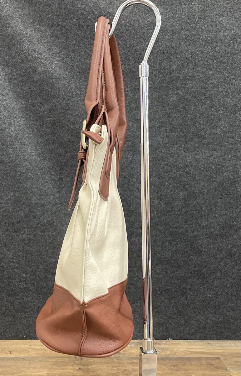 White Brown Leather Two-Tone Tote Shoulder Bag Gold Buckle Detail