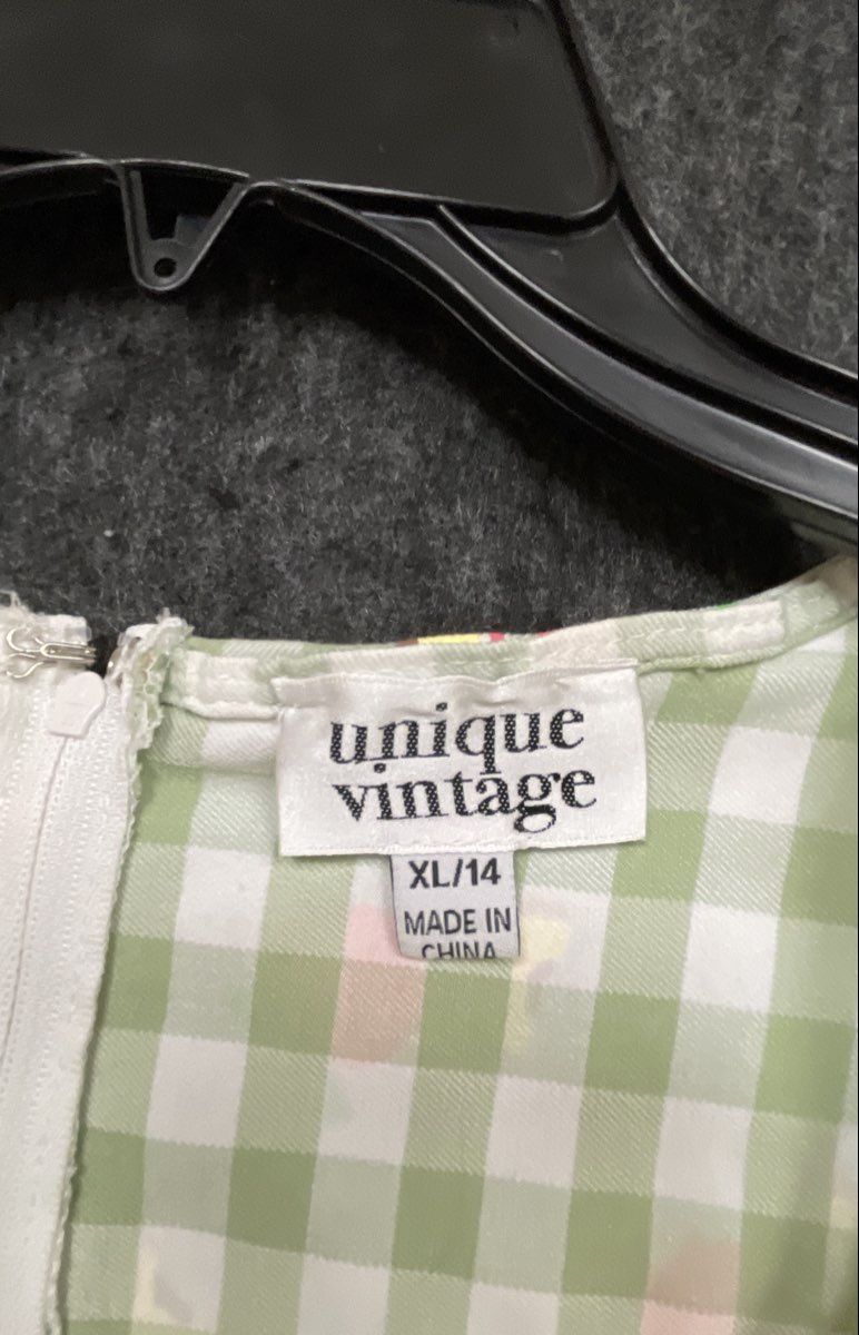 Unique Vintage Women's Green Peach Gingham Puff Sleeve A-Line Dress NWT Sz XL 14