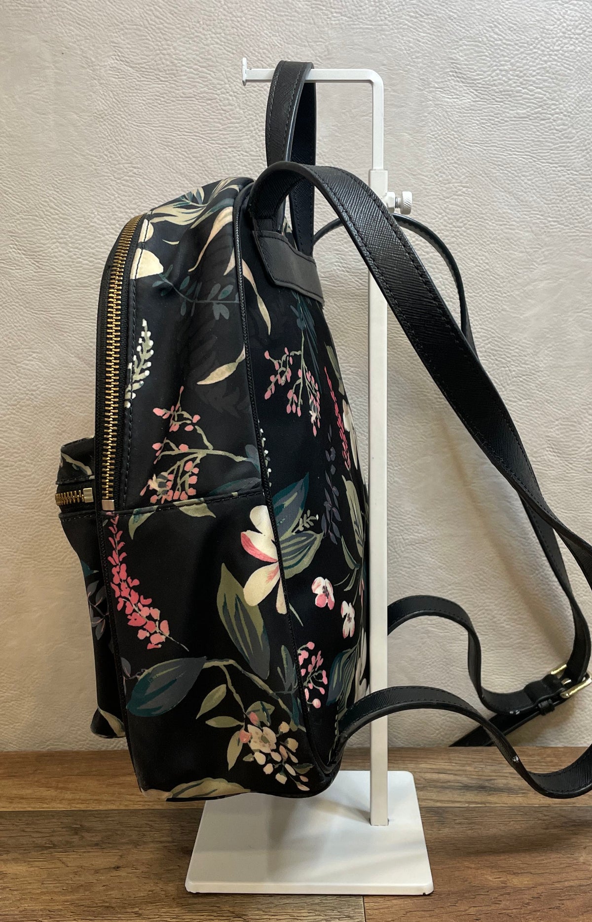 Kate Spade New York Black Floral Nylon Small Backpack Gold Hardware