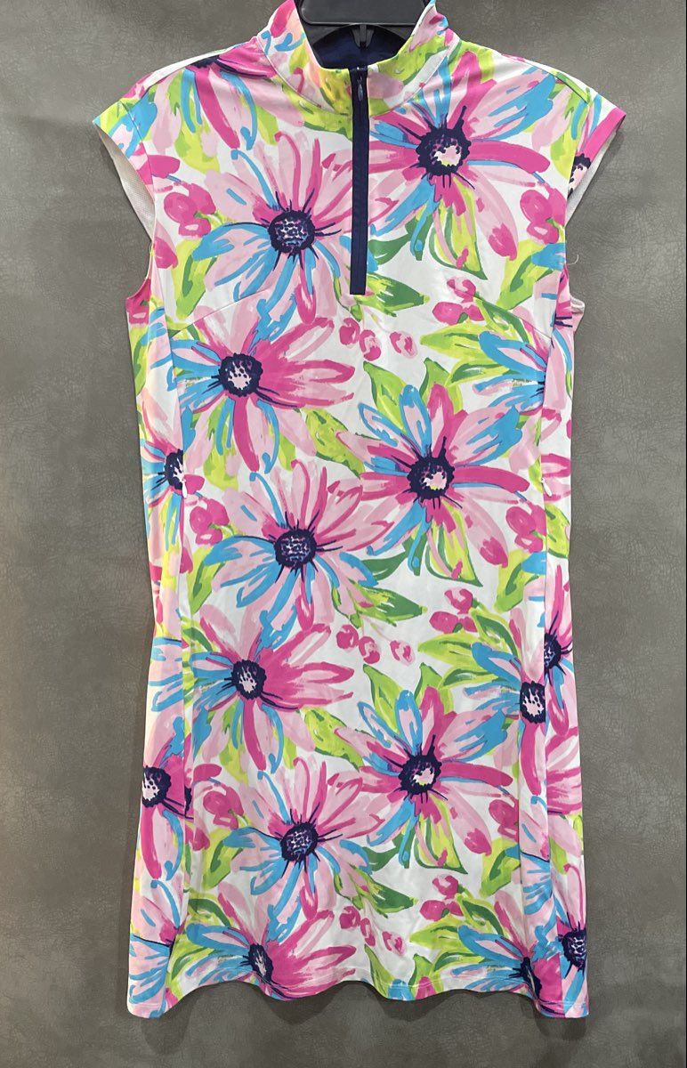 San Soleil Women's White Floral UV 50 Golf Tennis Sheath Mock Neck Dress Sz M
