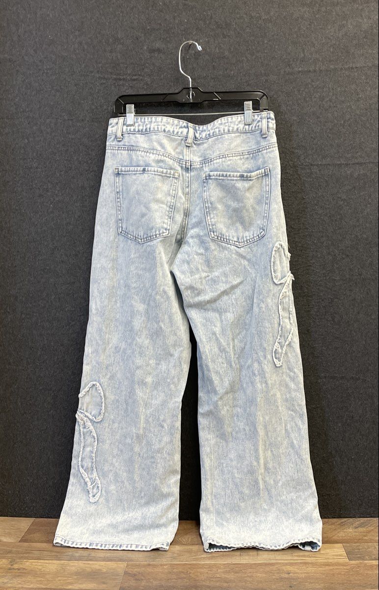 Telepatia Women's Light Wash Raw Hem Bow Wide Leg Denim Jeans Sz 11/30
