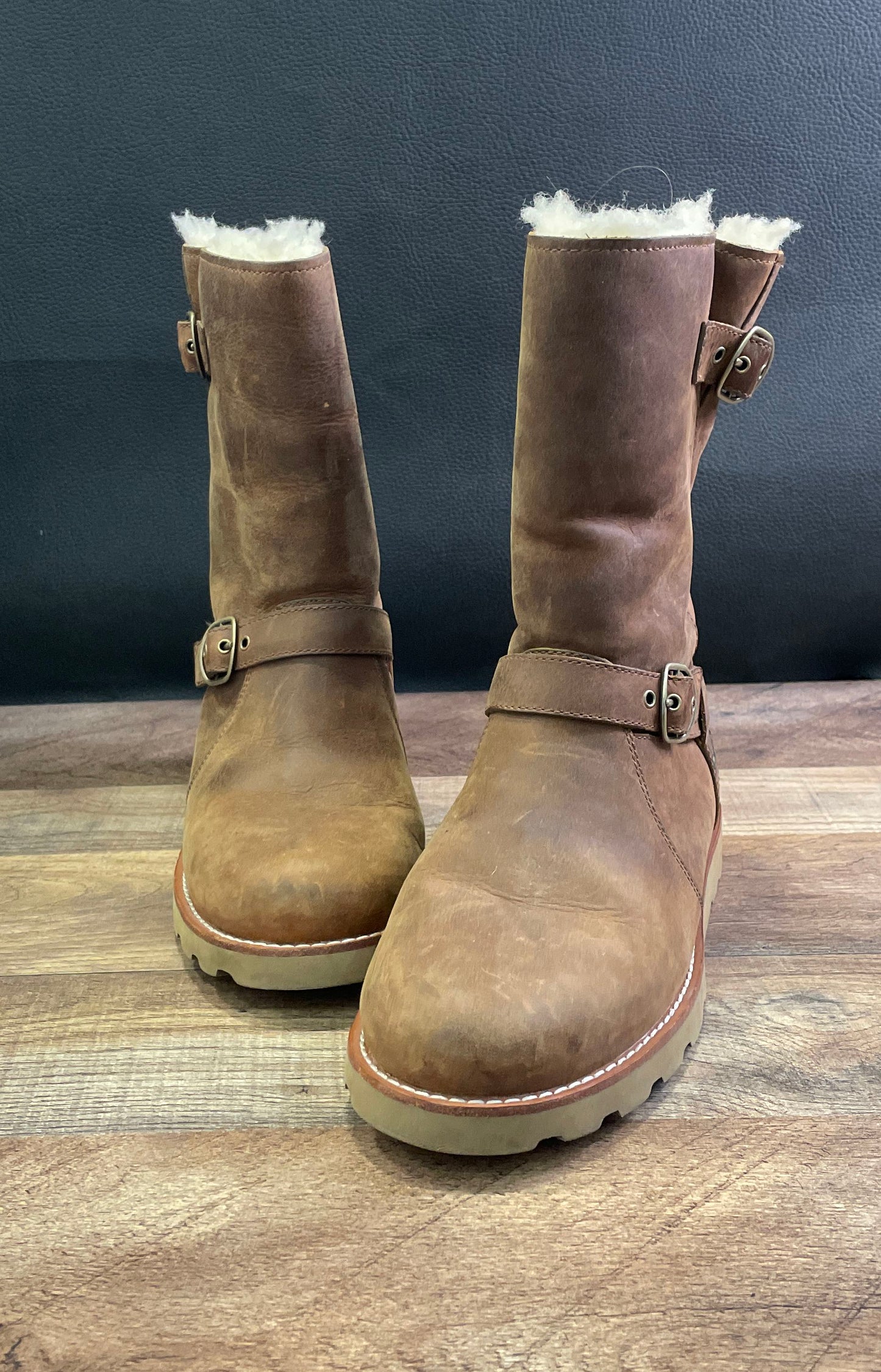 UGG Roslynn Stout Brown Leather Waterproof Mid Calf Buckle Boots Women's Size 5