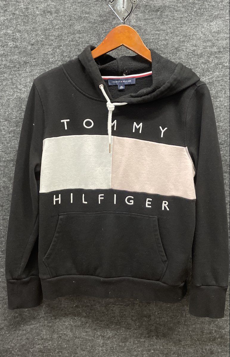 Tommy Hilfiger Women's Black Pullover Hoodie Flag Colorblock Logo Graphic Sz S
