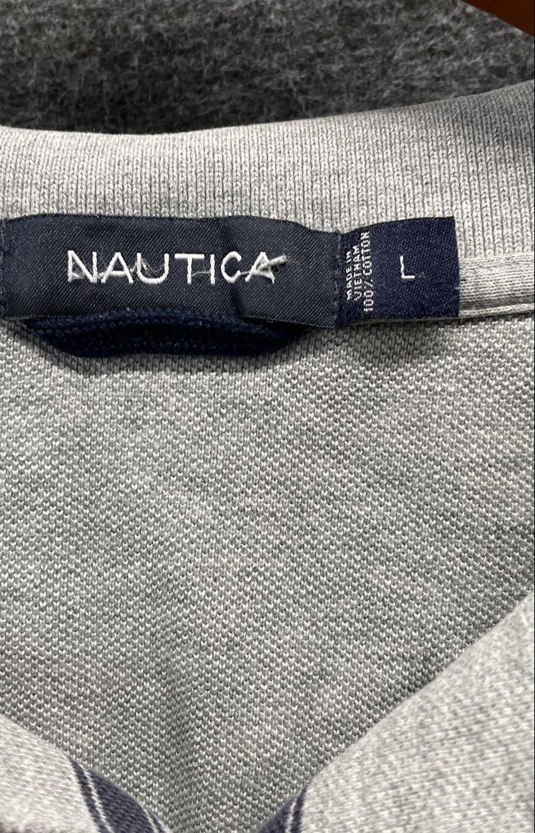 Nautica Men's Grey Blue Striped Short Sleeve Pique Cotton Polo Shirt Size L