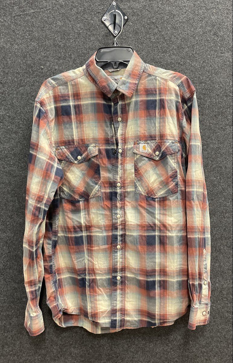 Carhartt Men's Rugged Flex Relaxed Fit Blue Orange Plaid Button Down Shirt Sz M