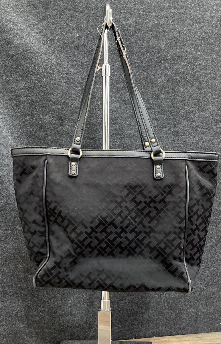 Tommy Hilfiger Black Monogram Fabric Leather Large Tote Bag Gold Tone Charm