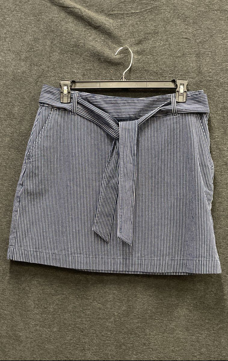 LOFT Women's Navy White Striped Belted Cotton Blend Skirt NWT Size 14