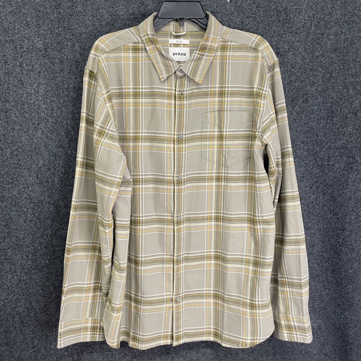 Prana Men's Slim Fit Plaid Organic Cotton Blend Button Up Shirt Tan Gray Sz XL