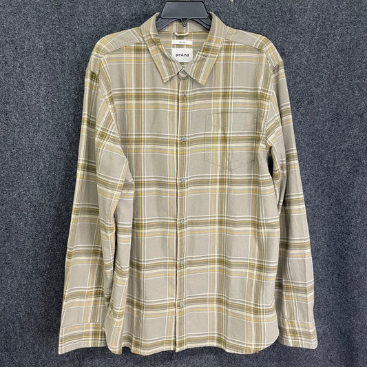 Prana Men's Slim Fit Plaid Organic Cotton Blend Button Up Shirt Tan Gray Sz XL