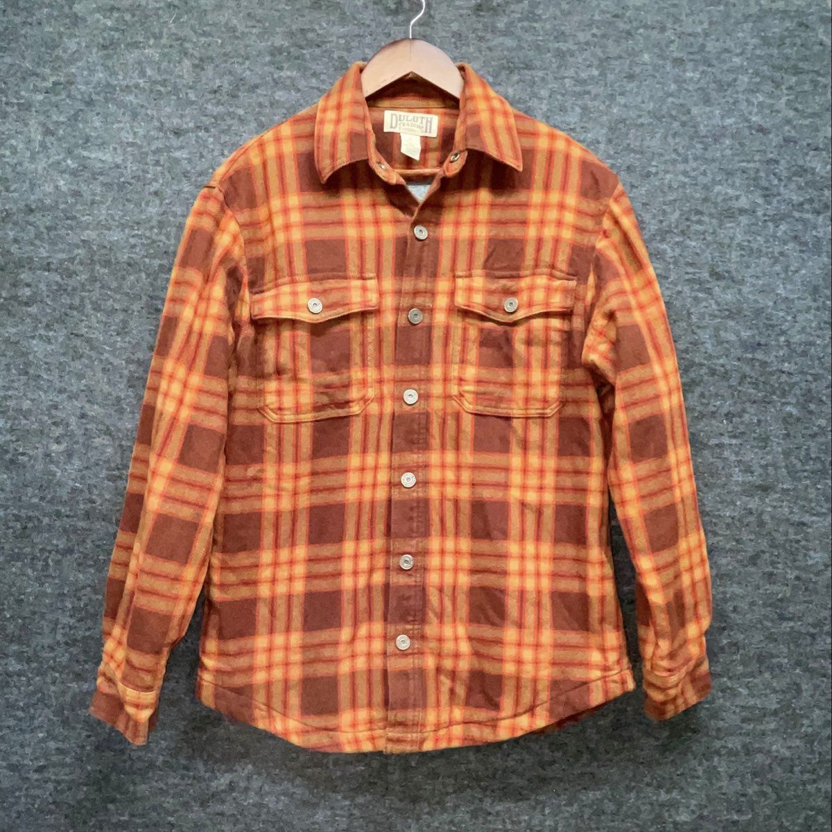 Duluth Trading Co. Men's Orange Plaid Fleece Lined Flannel Snap Shacket Jacket