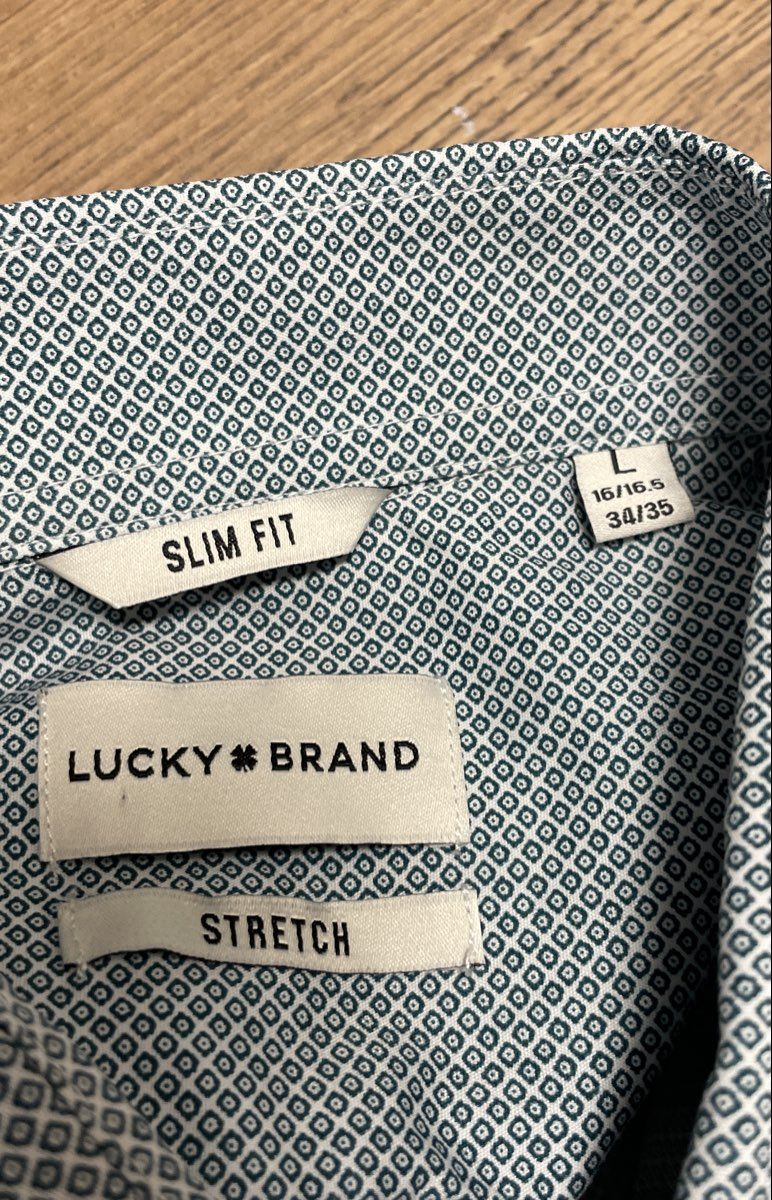 Lucky Brand Men's Slim Fit Stretch Button Up Shirt Blue Geometric Sz L