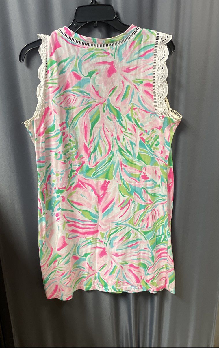 Lilly Pulitzer Women's Corinne Tank Top Pink Green Floral Eyelet Lace Scallop M