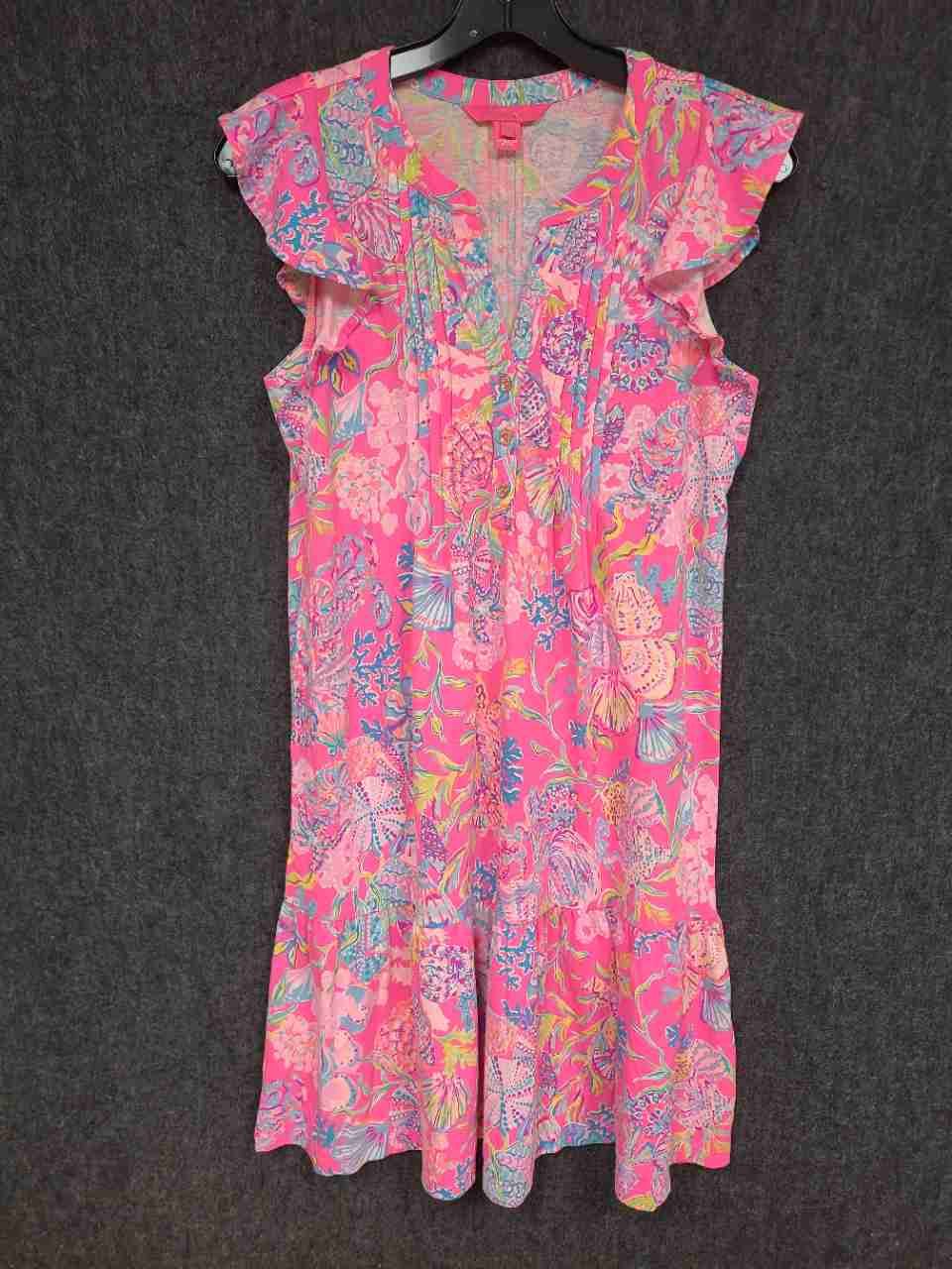 Lilly Pulitzer Women's Golda Flutter Sleeve Dress Pink Shell Print Cotton Sz XS