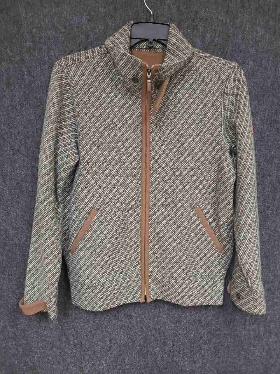 Foglia Brillante Women's Diagonal Stripe Full Zip Knit Jacket Green Tan Sz 1