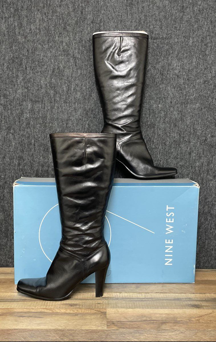 Nine West Black Leather Square Toe Knee High Heeled Boots Size 9 M