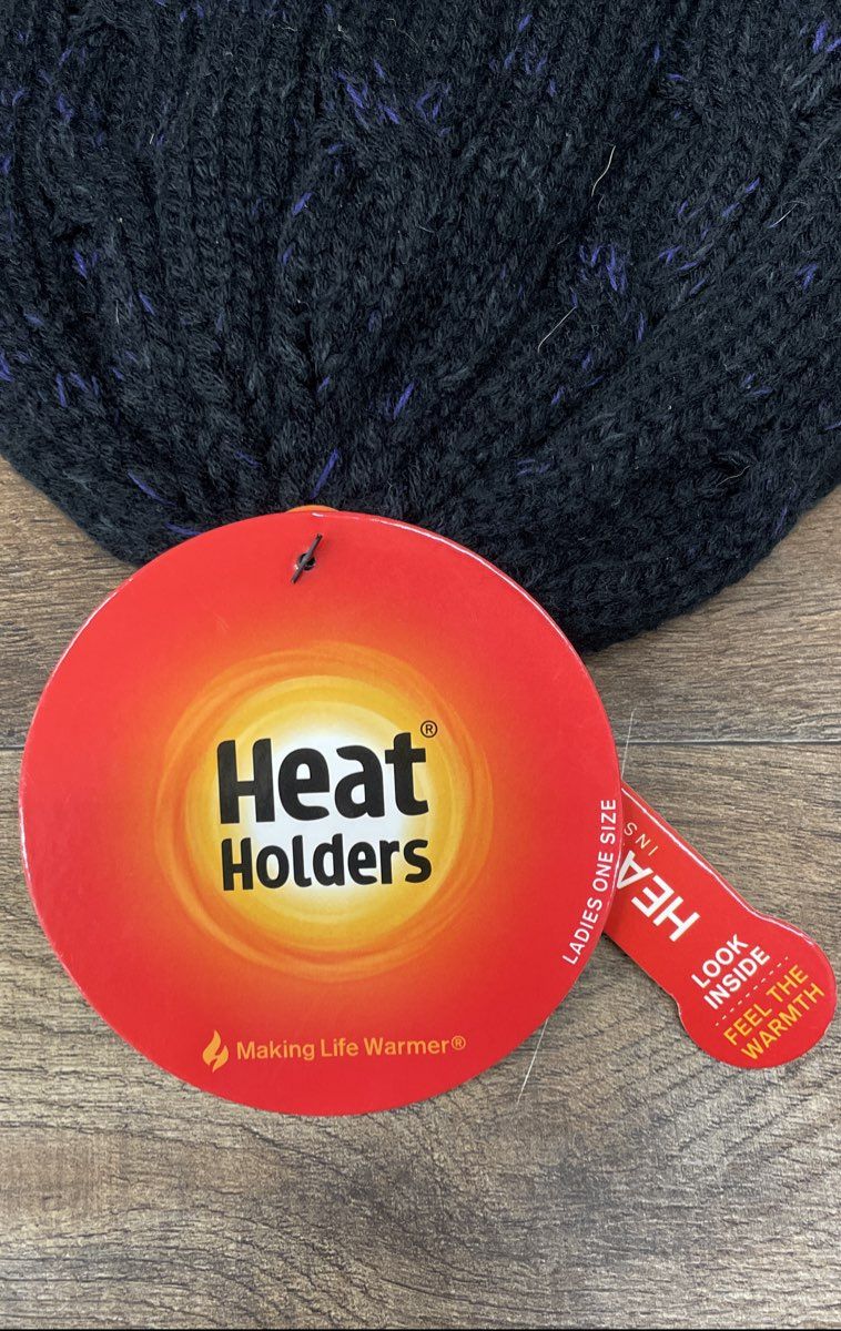 Heat Holders Women's Beanie Hat Black Purple Speckle Thermal Cable Knit NWT OS
