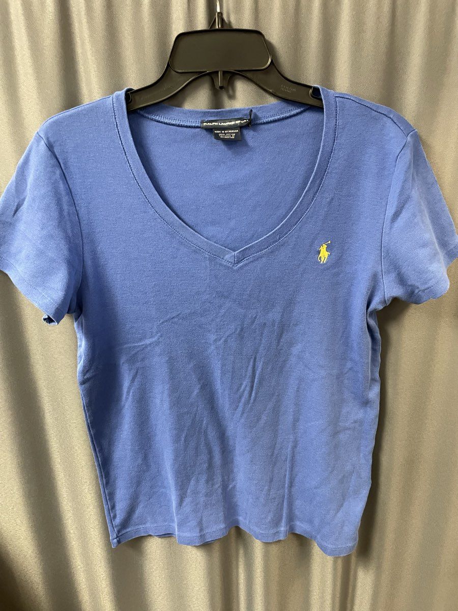 Ralph Lauren Sport Women's Blue V-Neck Short Sleeve Cotton Pony Shirt Sz XL