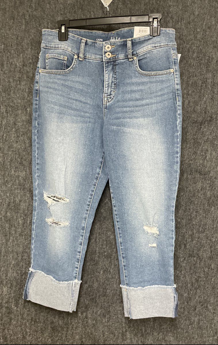 Style & Co. Women's Blue Distressed Double Button Cuffed Capri Jeans Sz 10 NWT
