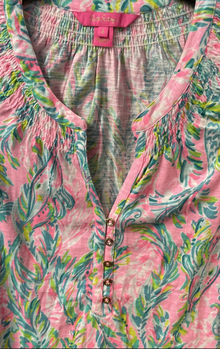 Lilly Pulitzer Women's Pink Tropical Floral Sleeveless Henley Cotton Top Sz S