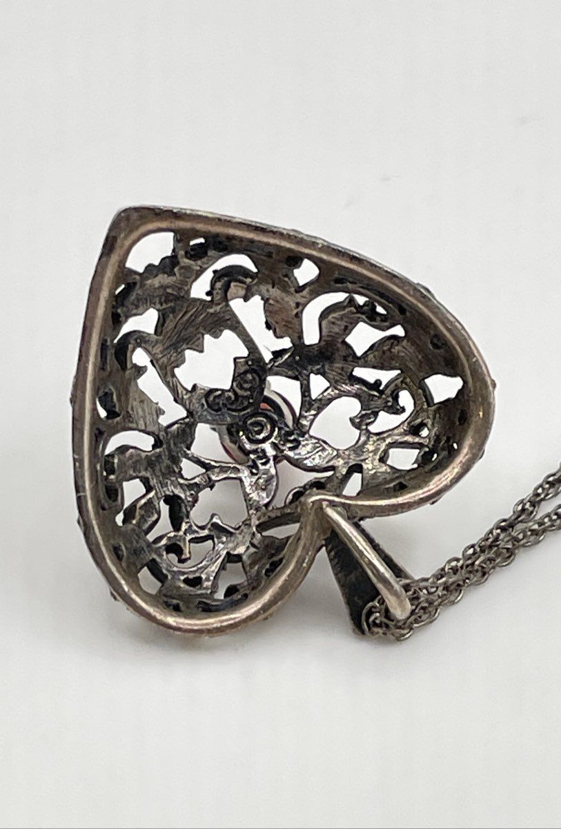 SC 925 Sterling Silver Garnet Accent Filigree Heart Pendant Necklace 4g