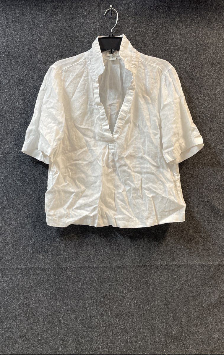 Rachel Zoe Women's White 100% Linen Short Sleeve Split Neck Shirt Blouse Sz L