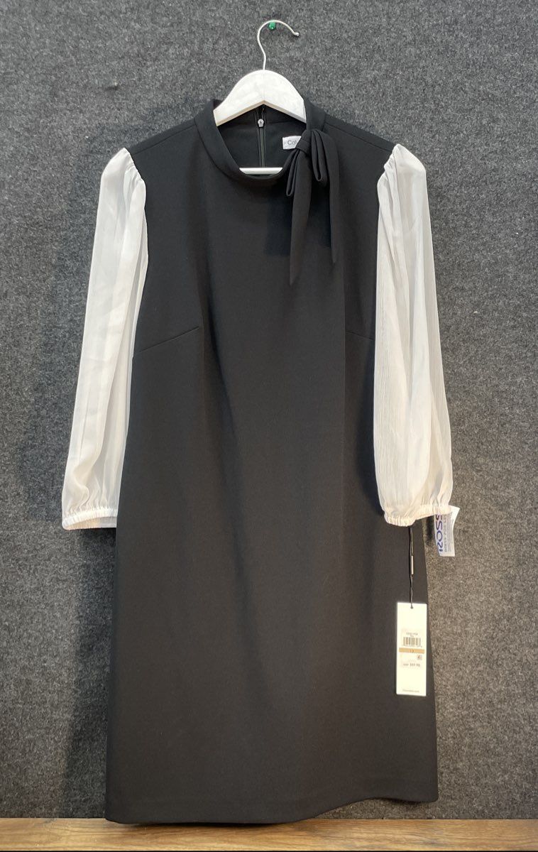 Calvin Klein Women's Black Dress Sheer Contrast Sleeve Tie Neck NWT Sz 12