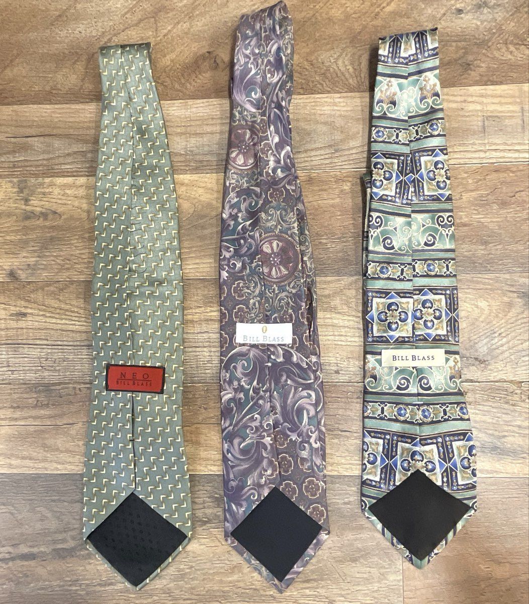 Vintage 90s Bill Bass Men's Silk Neckties Lot 3 Geometric Scroll Medallion