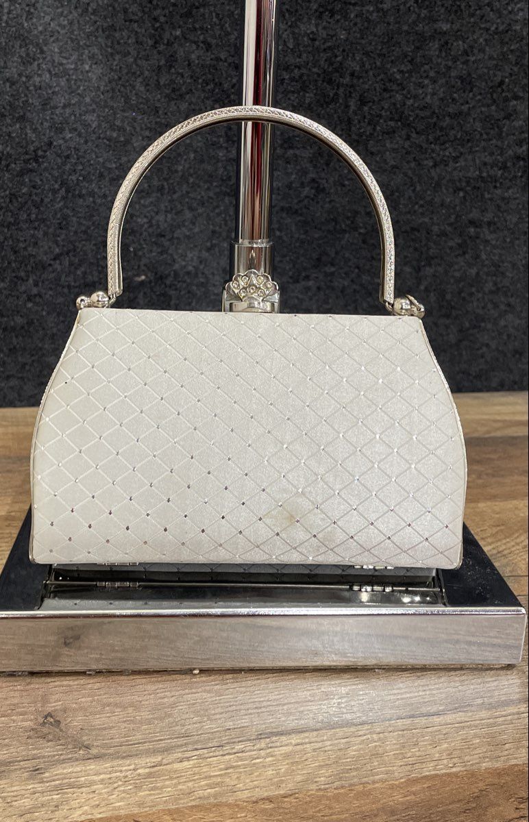 Unbranded White Fabric Quilted Evening Clutch Bag Rhinestone Clasp Greek Key