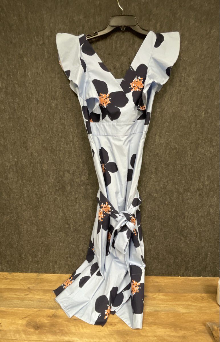 Kate Spade New York Women's Blue Poppy Print Flutter Sleeve Midi Dress Size 2