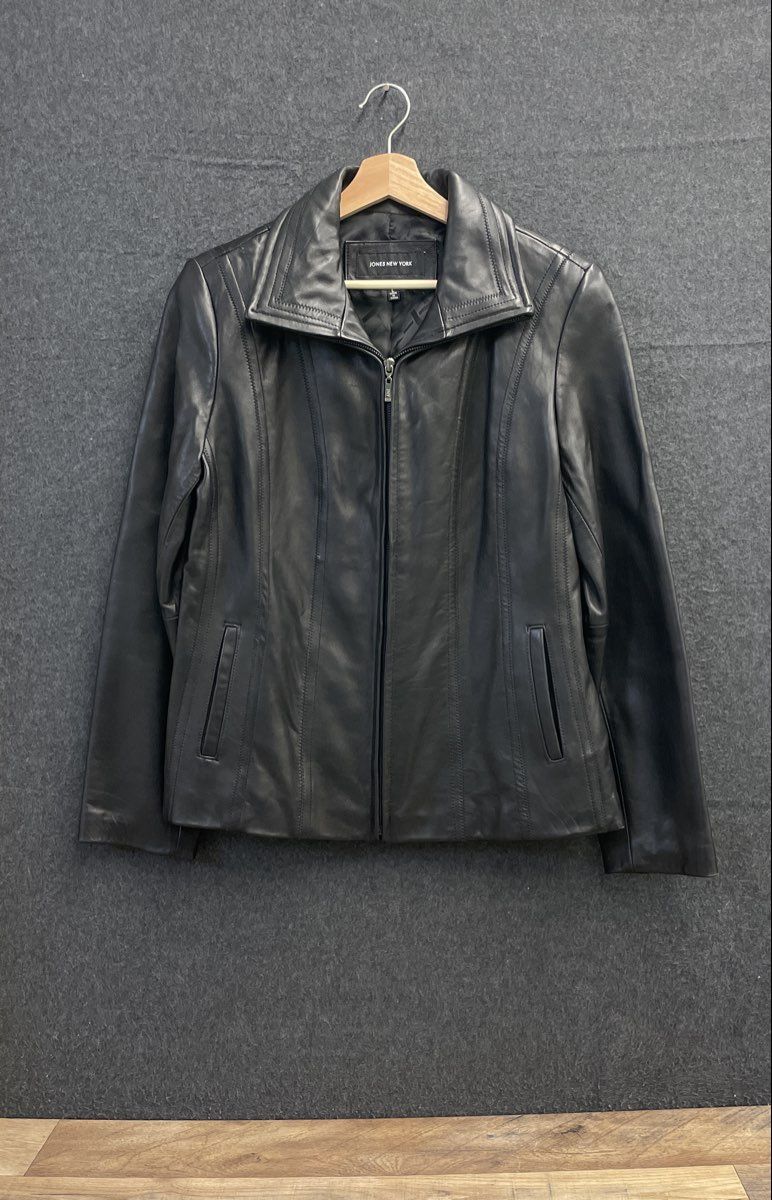 Jones New York Women's Black Genuine Leather Full Zip Jacket Sz L