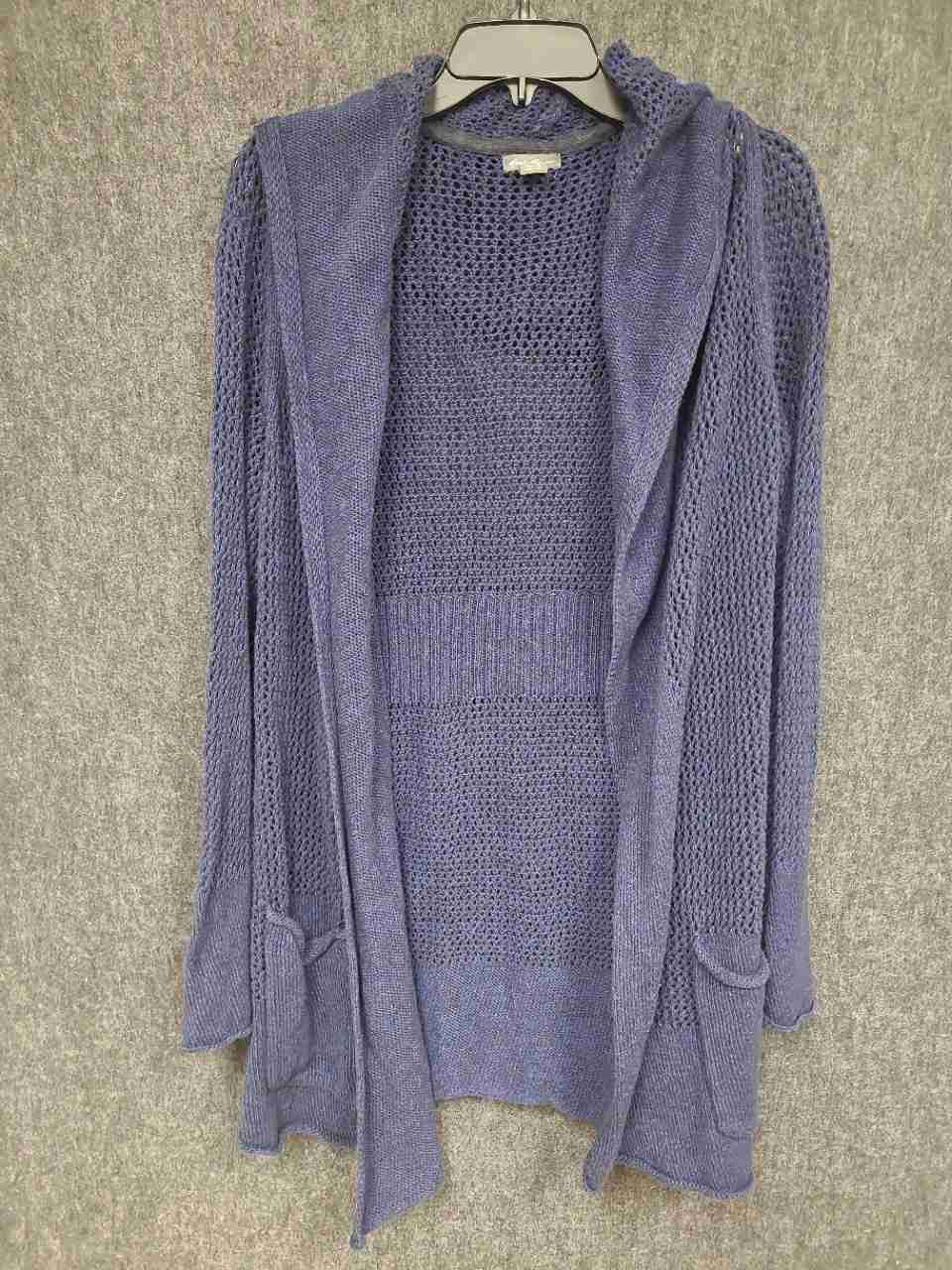 Eddie Bauer Women's Cardigan Blue Hooded Open Front Linen Cotton Knit Pockets L
