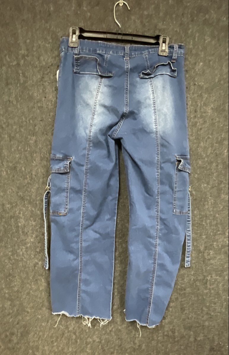 VIP Jeans Women's Blue Cargo Jeans Raw Hem Faded Utility Straps Seam Front 11/12
