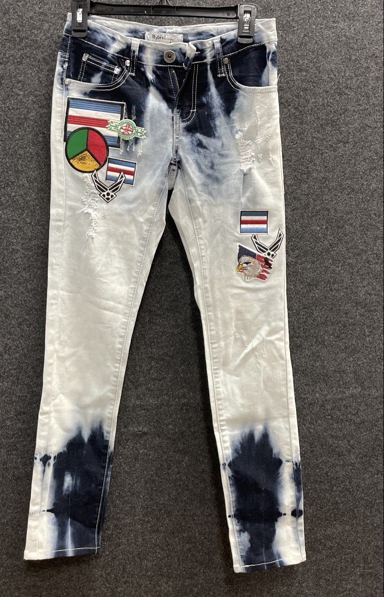 Hybrid & Company Women's Blue White Tie Dye Distressed Patched Jeans Sz 5
