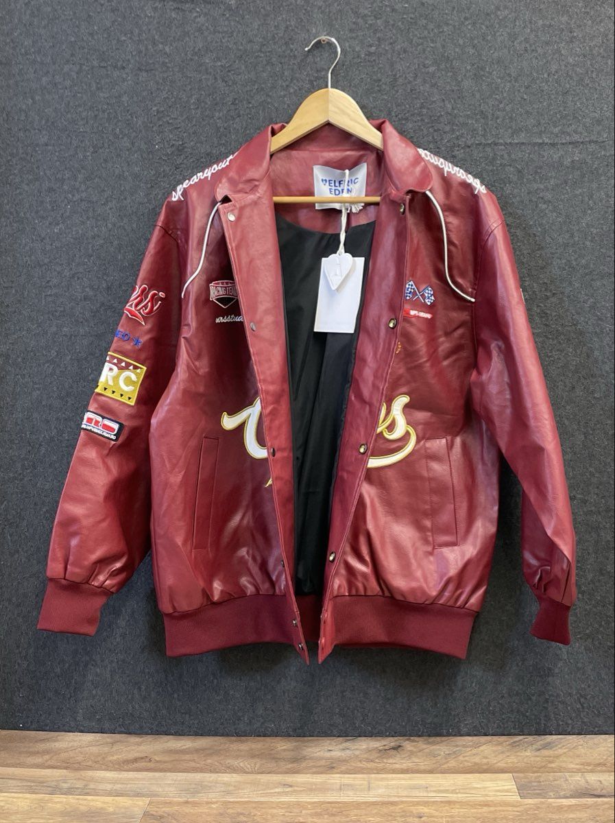 Elfric Eden Men's Faux Leather Varsity Racing Jacket Burgundy Patch NWT Sz XS