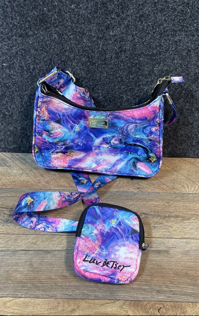 Luv Betsey Betsey Johnson Blue Purple Galaxy Print Shoulder Bag with Pouch