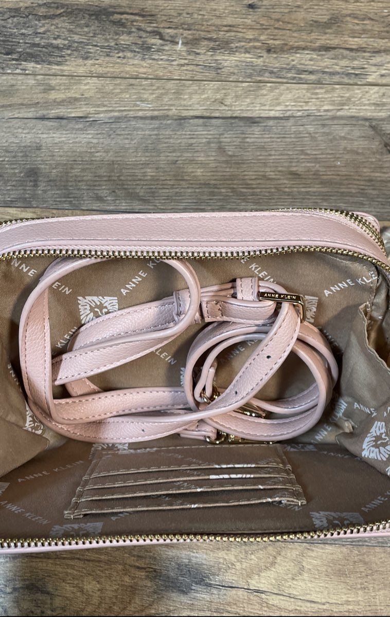 Anne Klein Pink Pebbled Triple Compartment Crossbody Bag Gold Webbing Strap