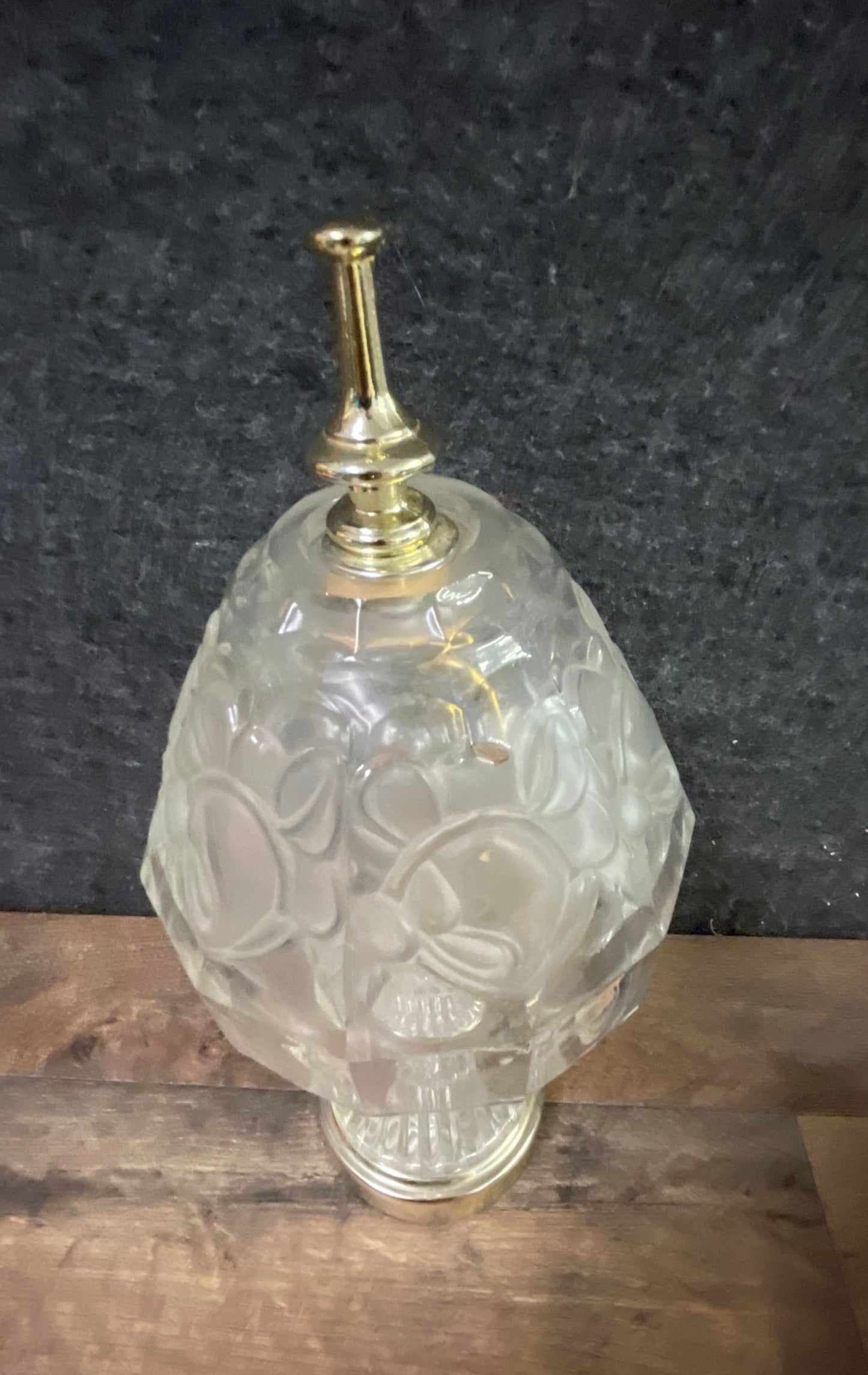 Vintage Pressed Glass Table Lamp Frosted Floral Shade Brass Accent Boudoir