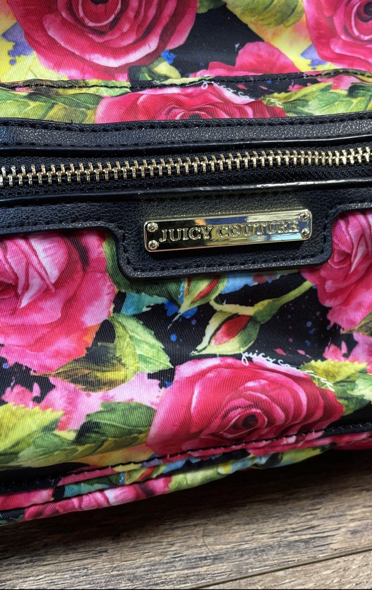 Juicy Couture Pink Rose Floral Nylon Backpack Purse Gold Hardware