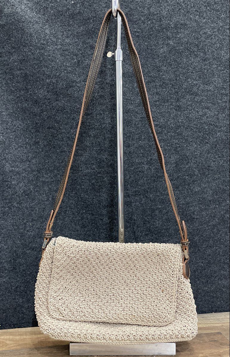 Unbranded Grey Woven Flap Shoulder Bag Brown Strap Blue Interior
