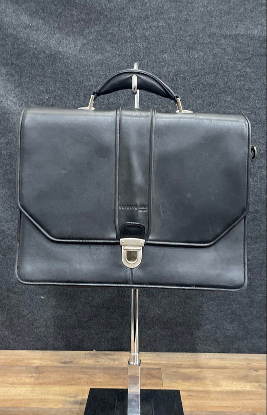 Vintage Kenneth Cole New York Black Leather Briefcase Satchel Bag Silver Lock