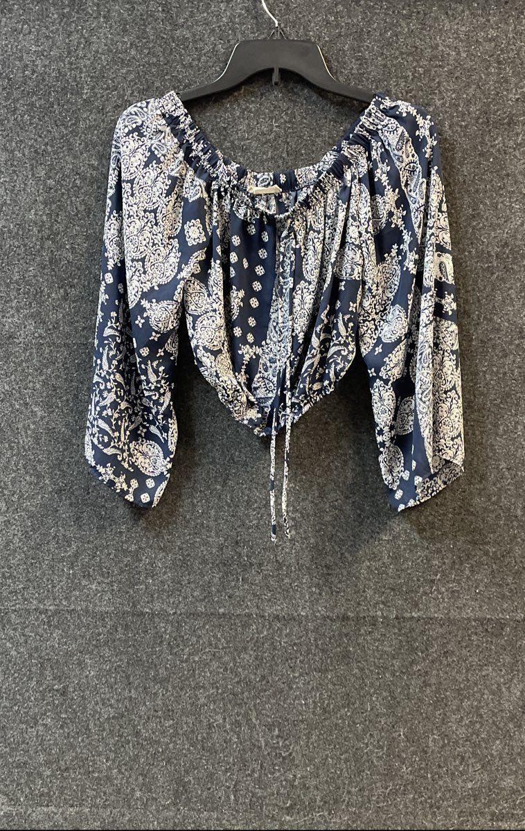 Altar'd State Women's Navy Blue Paisley Off The Shoulder Peasant Crop Top Sz S