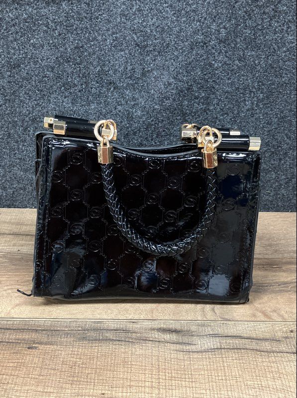 Bebe Black Patent Embossed Logo Satchel Handbag Gold Tone Hardware