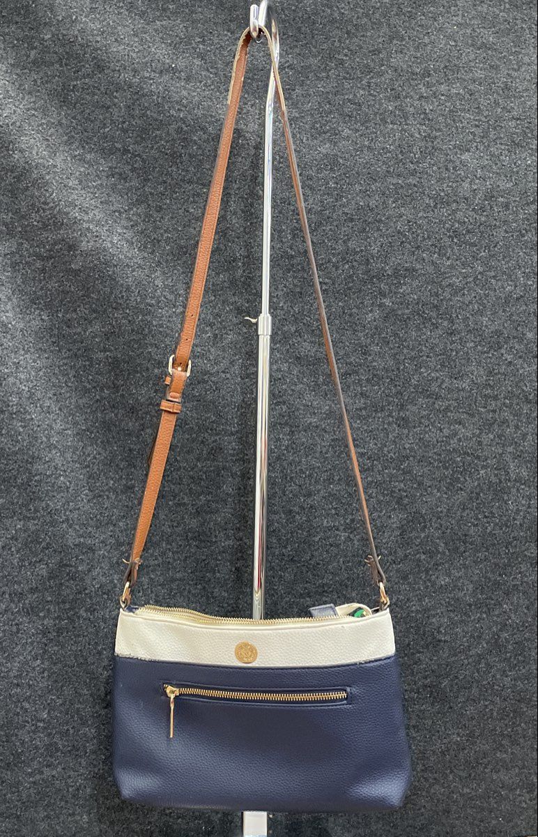 Anne Klein Navy Blue White Pebbled Leather Crossbody Shoulder Bag Gold Tone