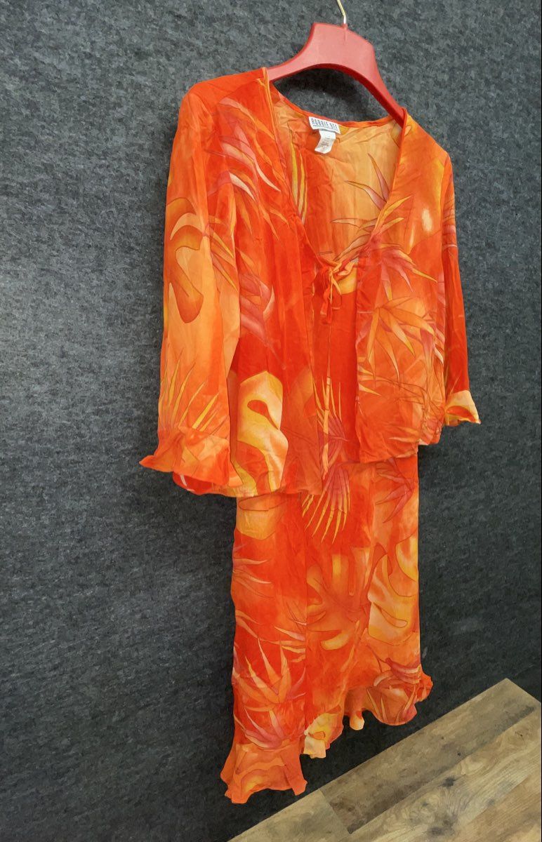 Vintage Y2K Robbie Bee Women's Orange Tropical Ruffle Dress & Jacket Set NWT S