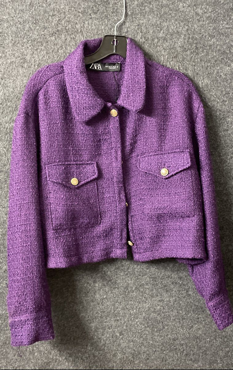 Zara Women's Purple Tweed Cropped Jacket Gold Buttons Size XL