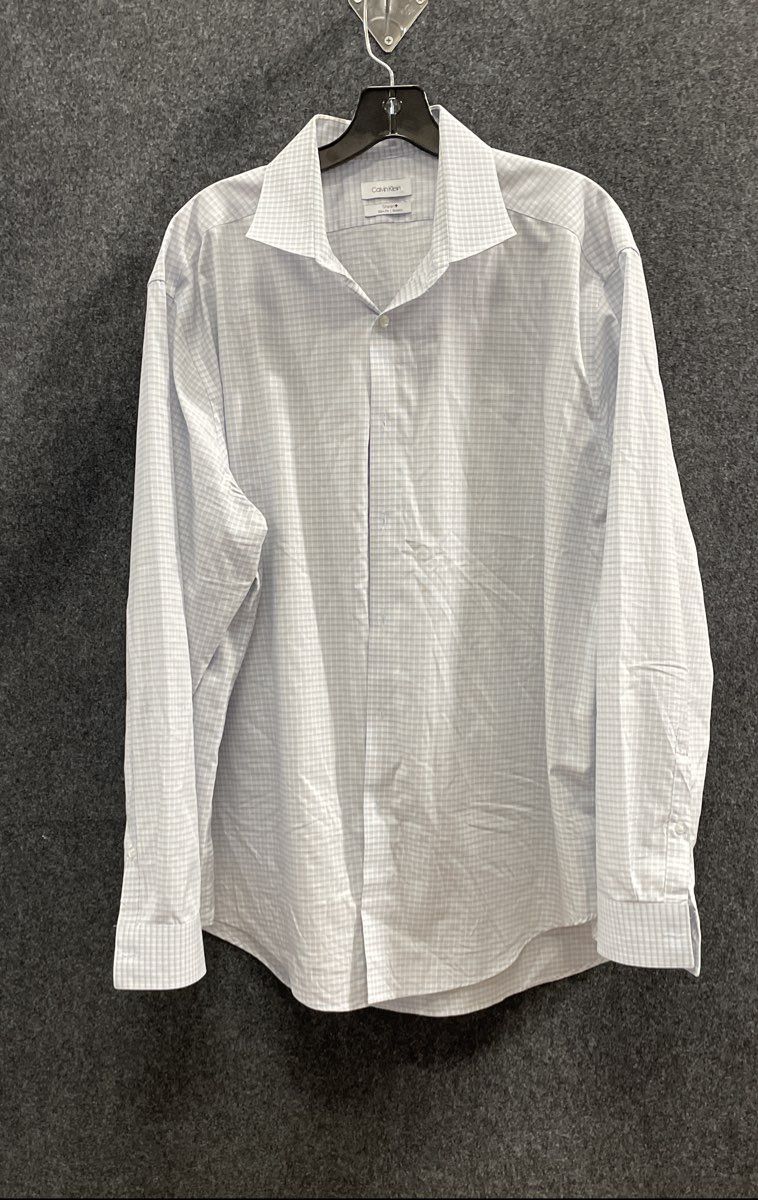 Calvin Klein Men's Light Blue Steel+ Slim Fit Stretch Check Dress Shirt 18 34/35
