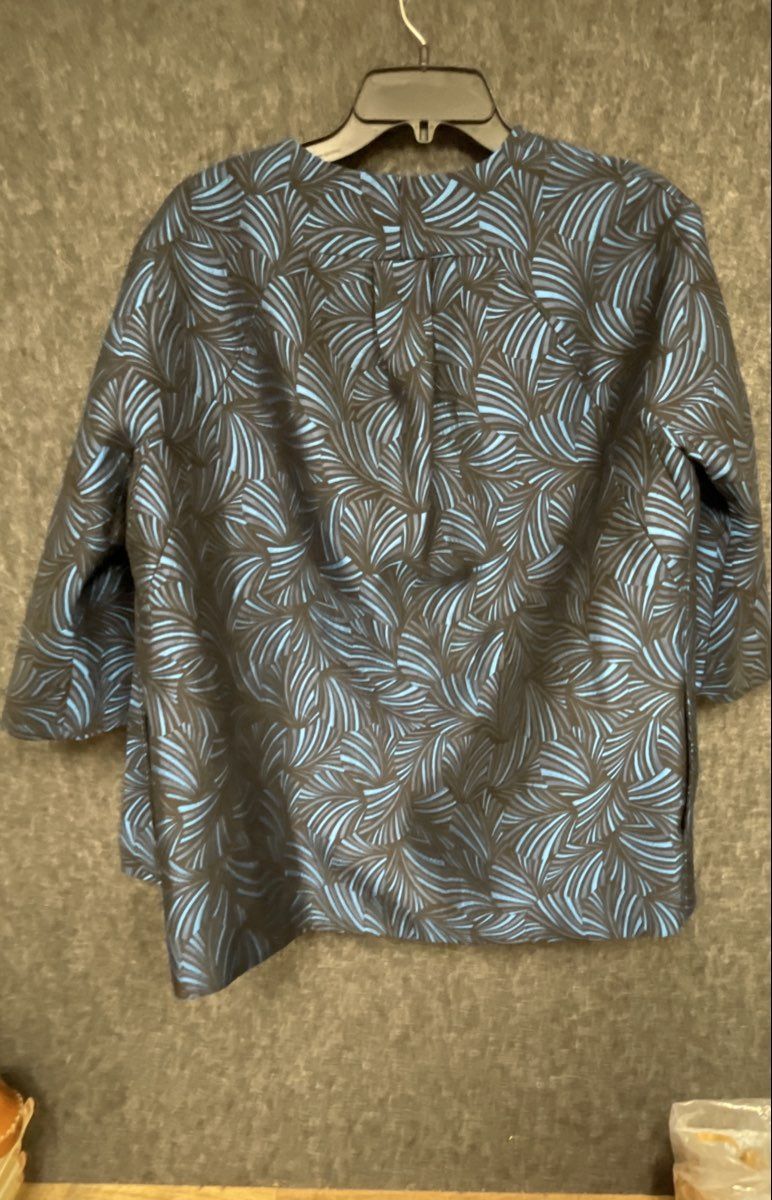 Anne Klein Women's Blue Black Geometric Fan Jacquard Open Front Jacket