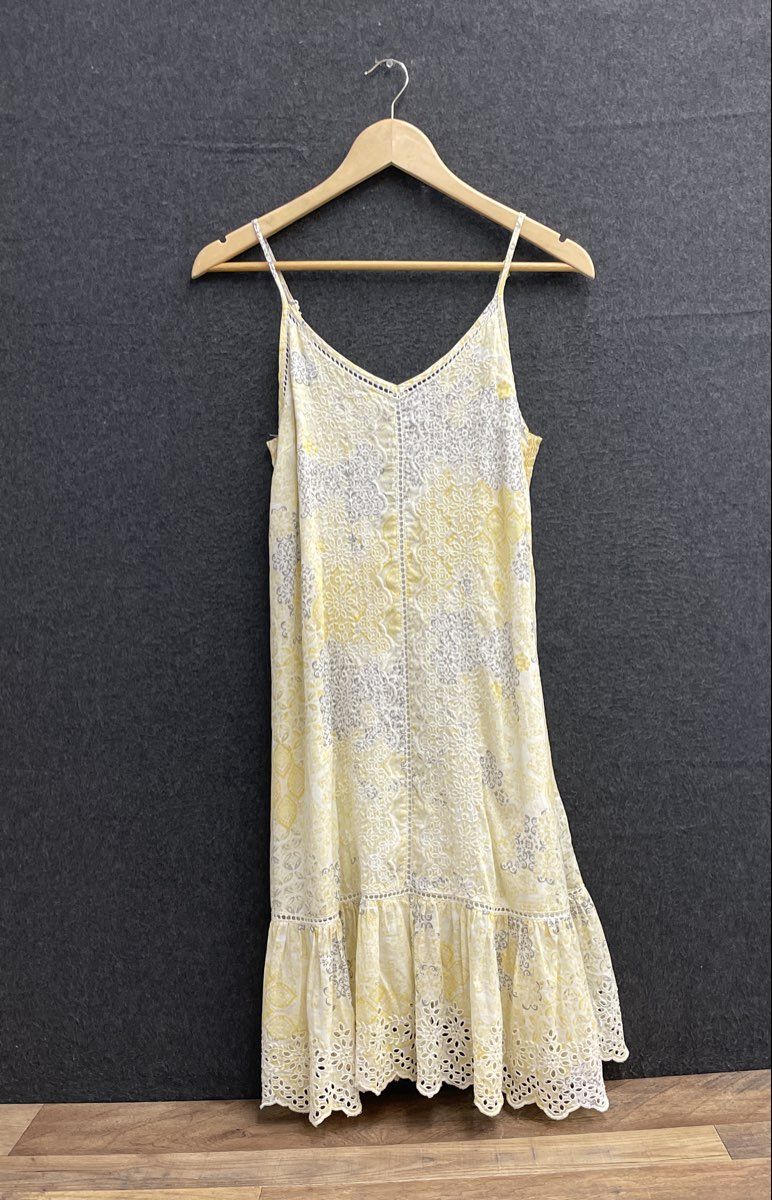Rachel Zoe Women's Yellow Gray Eyelet Tiered Floral V-Neck Midi Dress Sz S