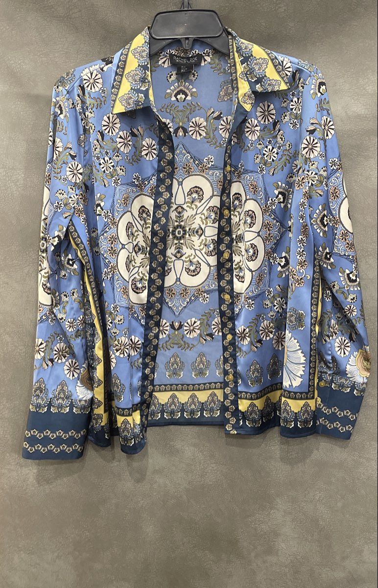 Rachel Zoe Women's Blue Floral Paisley Button Up Blouse Long Sleeve Sz S